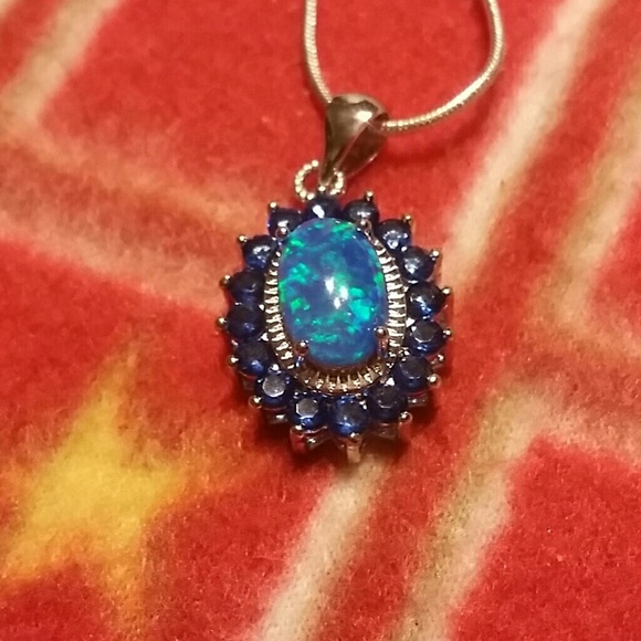 SOLD Created Blue Fire and Sapphire Halo Necklace - Picture 4 of 5